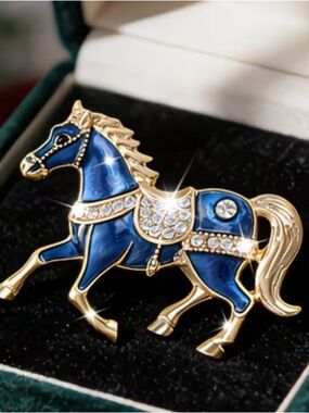 EQUESTRIAN Blue Enamel Horse Brooch with Gold Accents
